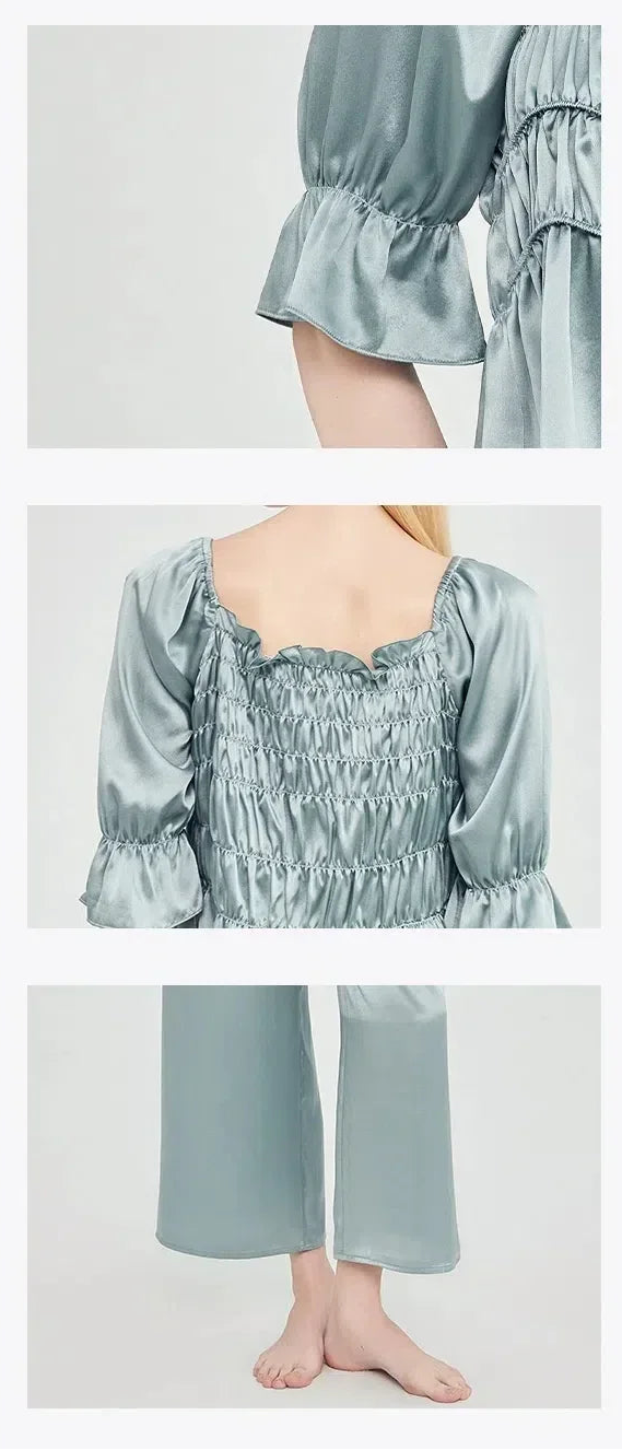 pyjama soie pour dormir details couture bleu