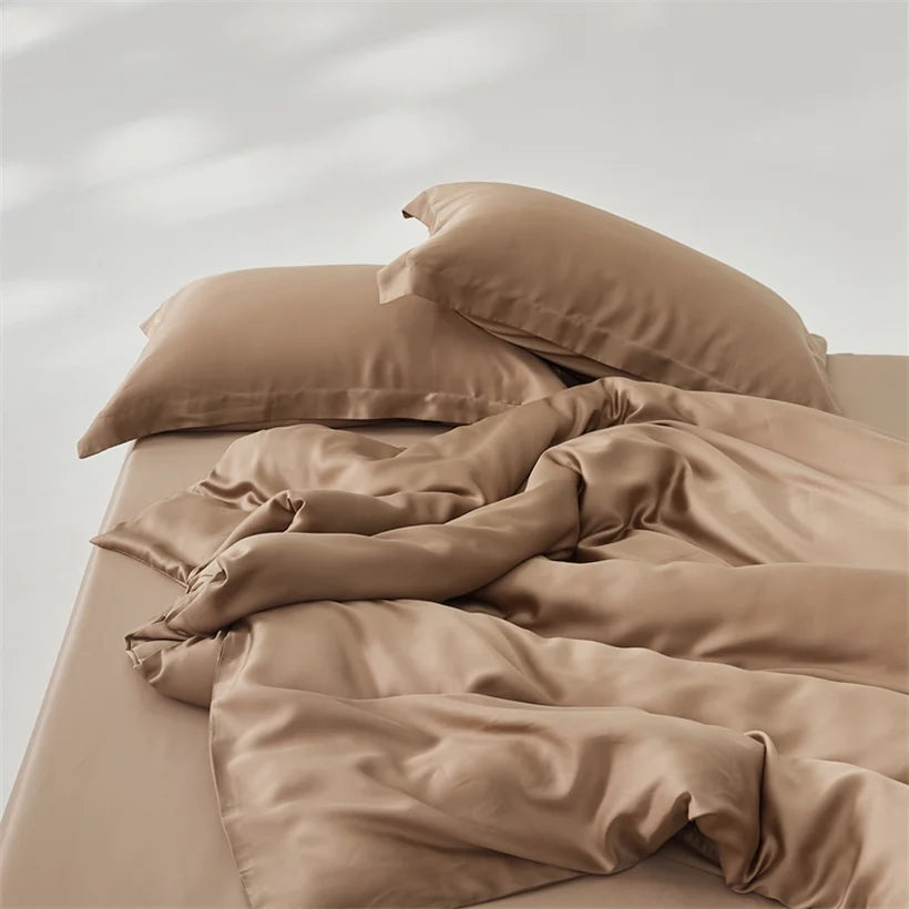 Ensemble housse de couette soie 3 pièces marron