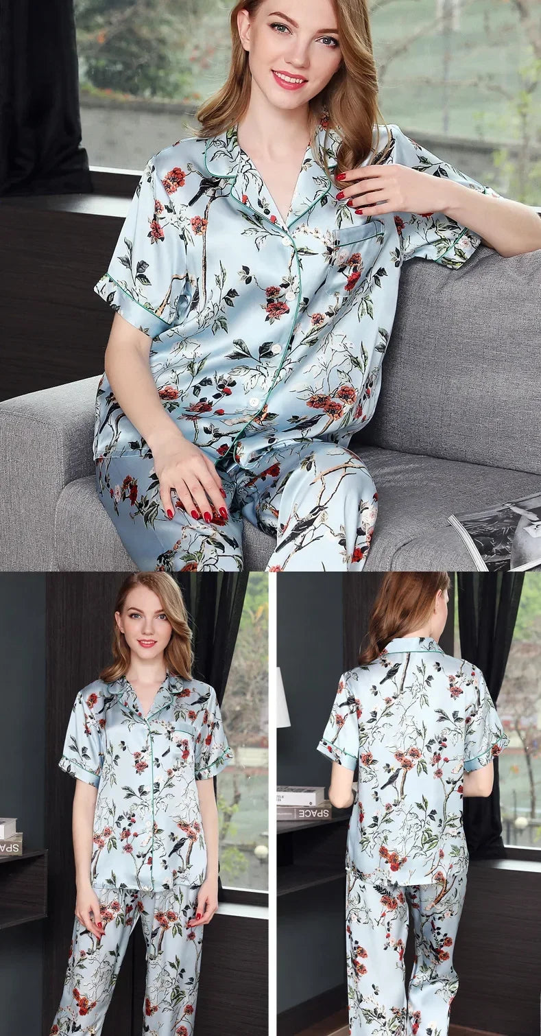 Homewear en soie pour femme, motif fleuri, look maison élégant