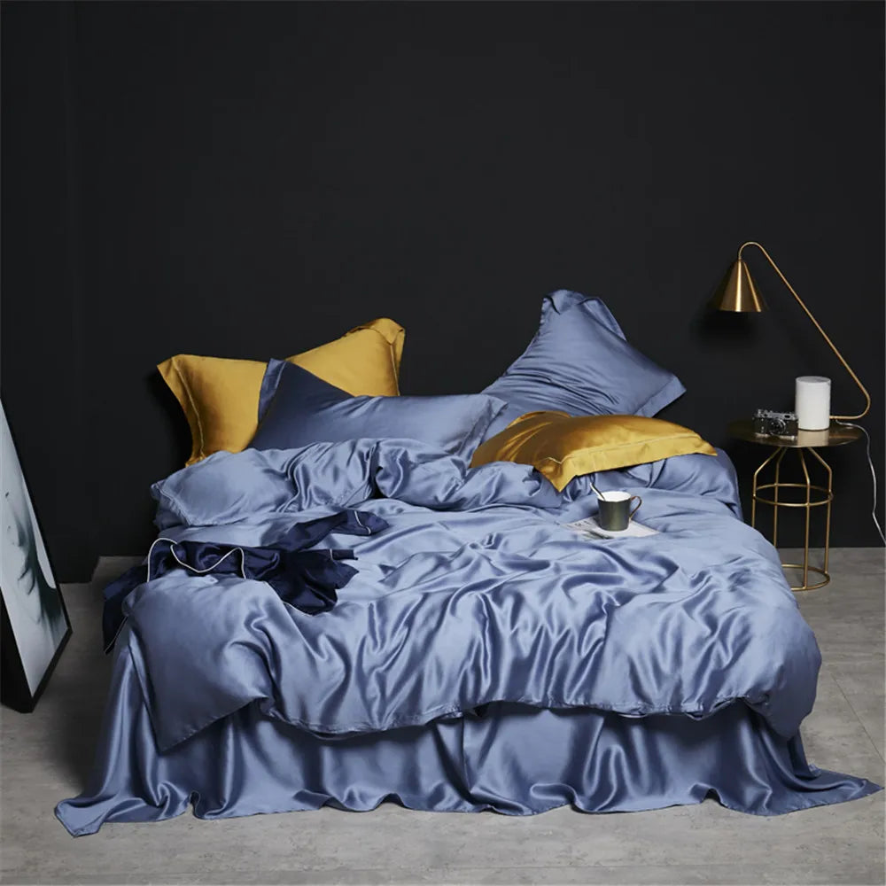 Housse de couette en soie luxe pour lit queen et king bleu