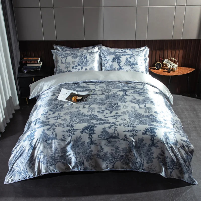 Housse de couette en soie naturelle à motif élégant bleu