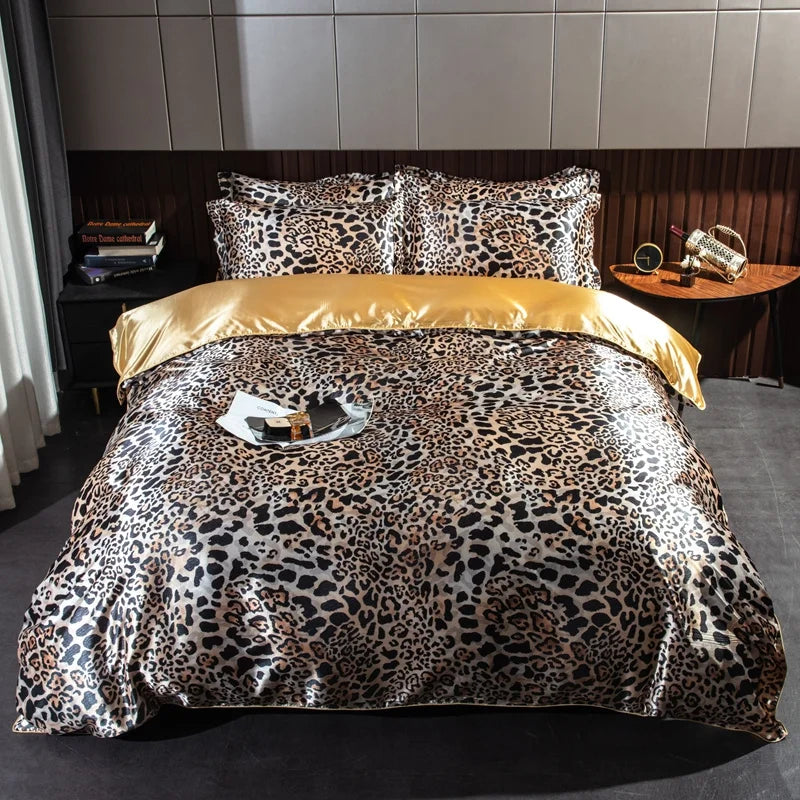 Housse de couette en soie de mûrier motif leopard or