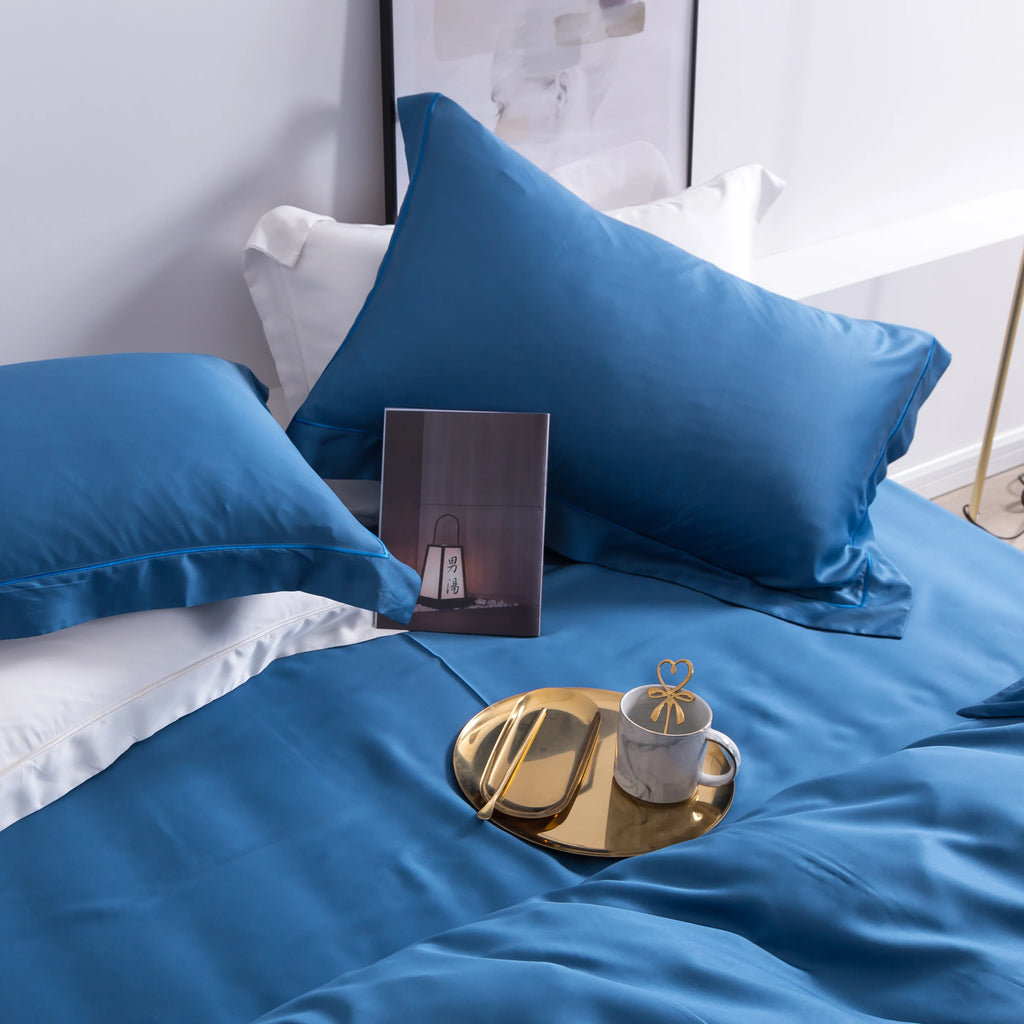 Housse de couette en soie naturelle de Mûrier lisse et brillante, finition haut de gamme bleu