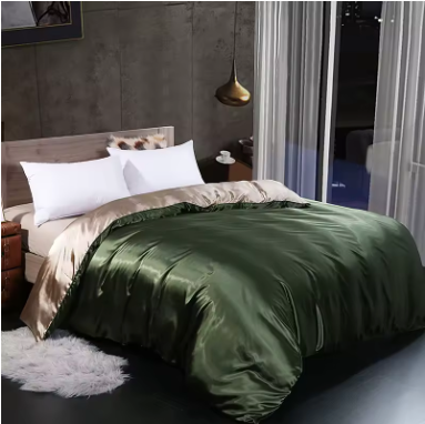 Parure lit soie naturelle respectueuse peau sensible vert et or 