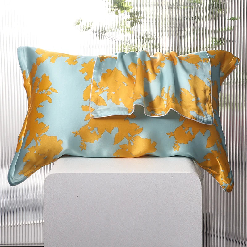 Taie d’oreiller en soie essence et soie soie de qualité t’ai d’oreiller motivé bleu ciel et jaune protège la peau et les cheveux hypoallergenique 