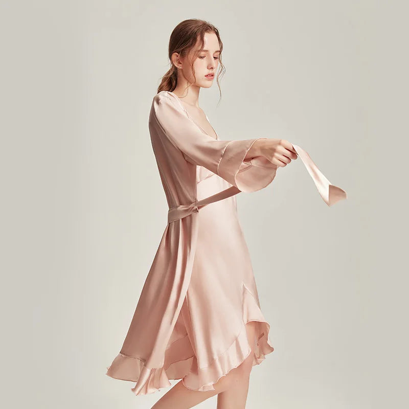 Kimono femme fluide en soie pour dormir BEIGE