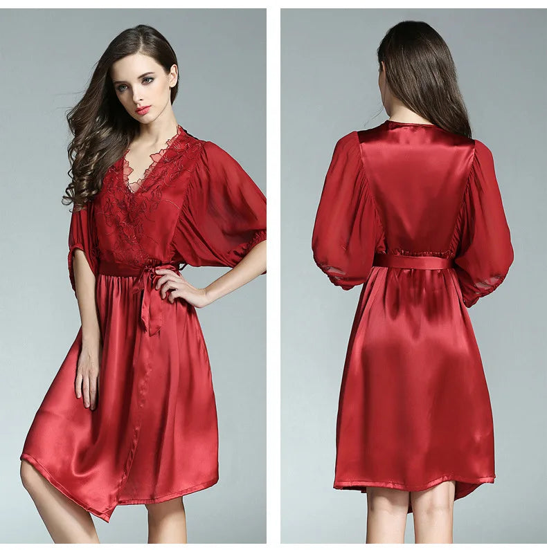 Kimono femme en soie naturelle Mulberry, tenue élégante ROUGE 