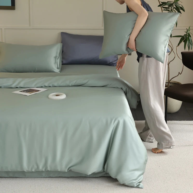 Linge de lit en soie respirante limitant la transpiration nocturne bleu