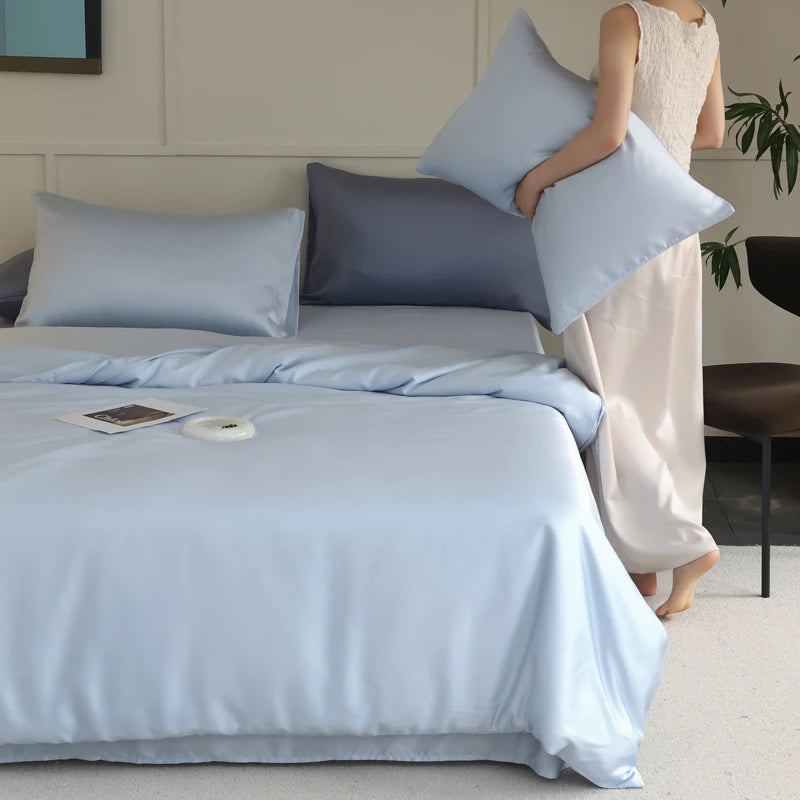 Linge de lit en soie haut de gamme pour hôtel et maison bleu