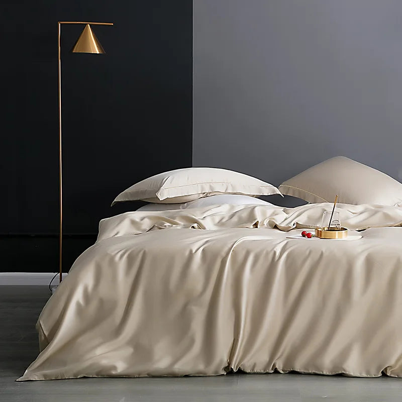 Lit Double avec housse de couette en soie naturelle beige