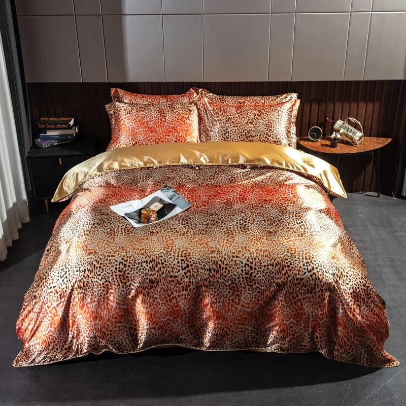 Parure de lit en soie motif pour lit king leopard orange