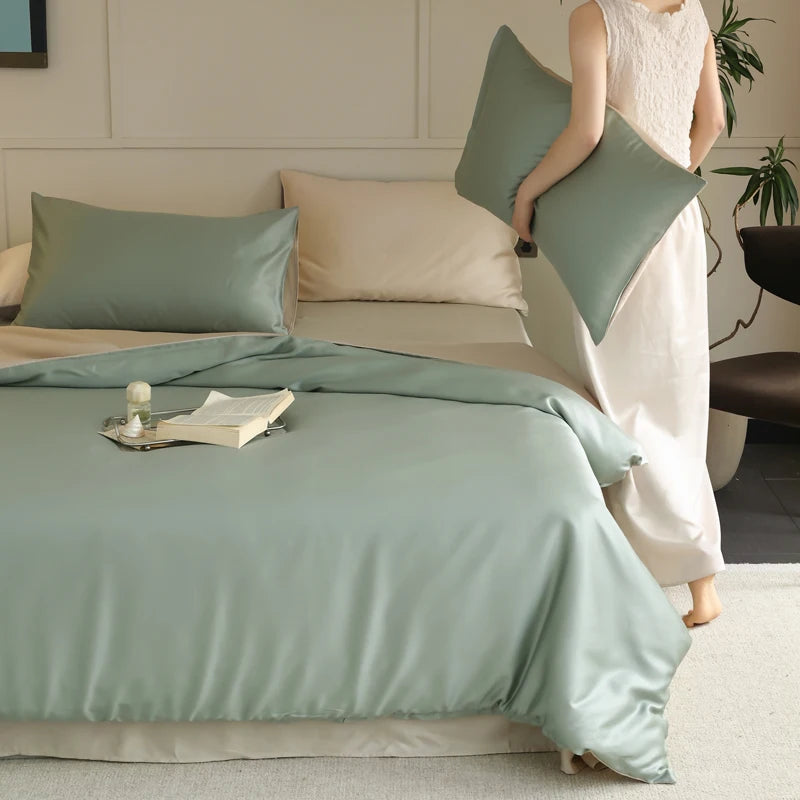 Lit queen habillé d’une parure en soie naturelle vert et beige