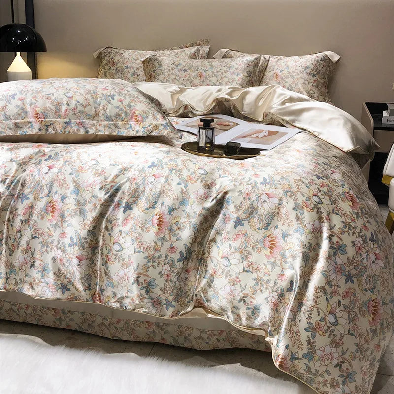 Parure de lit en soie florale pour lit queen size beige