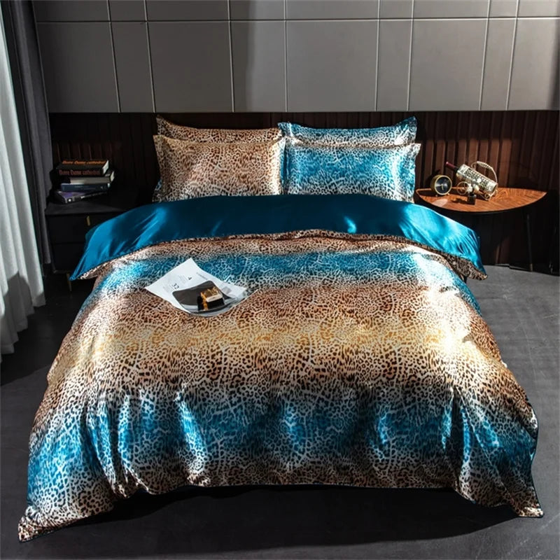 Parure de lit en soie motif pour lit queen bleu jaune marron