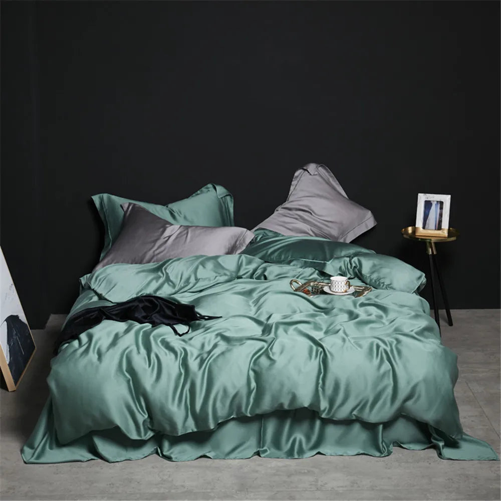 Literie en soie naturelle haut de gamme pour sommeil profond bleu vert