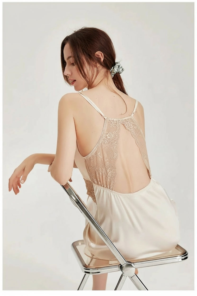 Nuisette en soie de mûrier avec dentelle et dos nu BLANC DENTELLE BEIGE