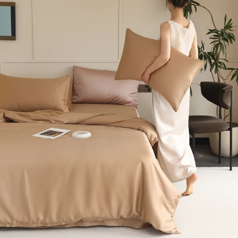 Parure de lit en soie adaptée aux peaux sensibles marron
