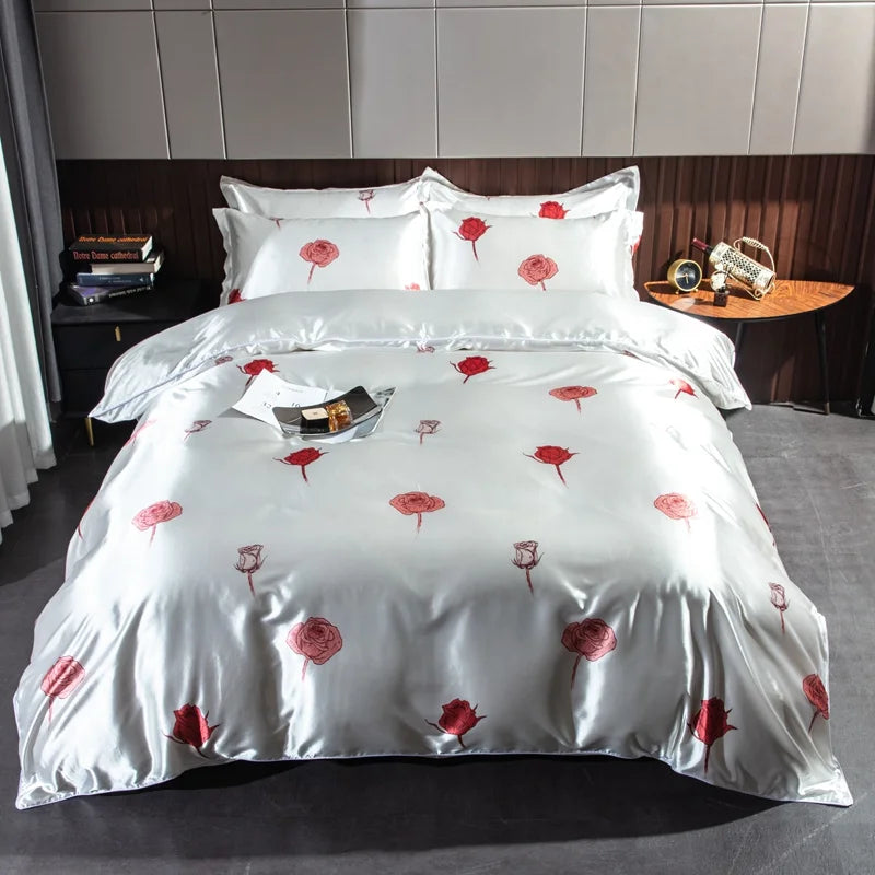 Parure élégante en soie motif romantique lit queen BLANC