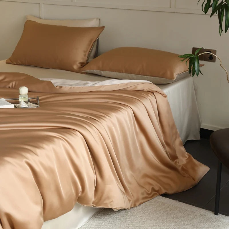 Parure de lit en soie naturelle 3 pièces – housse de couette et 2 taies assorties brun orangé