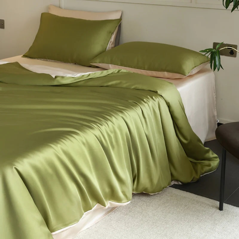 Parure de lit en soie naturelle 3 pièces – housse de couette et 2 taies assorties vert et beige