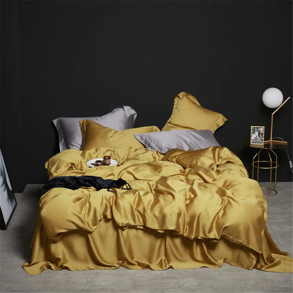 Parure de lit en soie de mûrier pour lit adulte JAUNE MOUTARDE