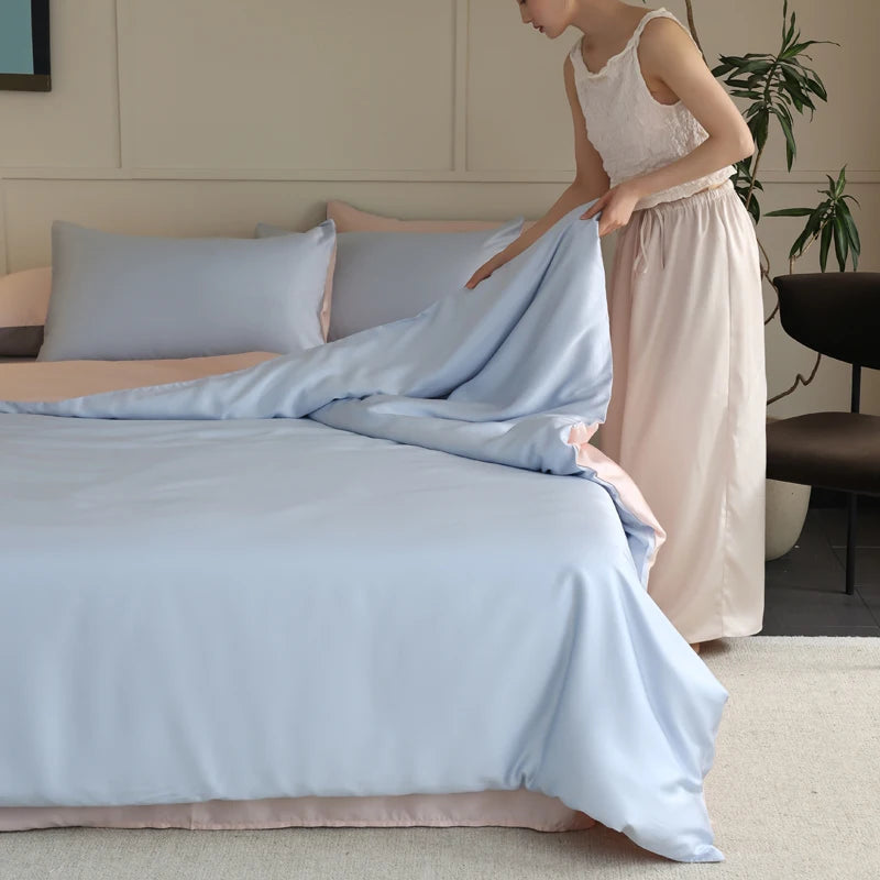 Parure de lit en soie naturelle à finition premium bleu et rose