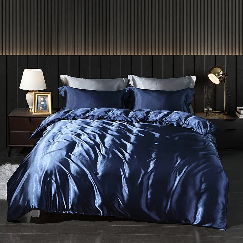 Parure de lit en soie de mûrier 4 pièces luxe bleu