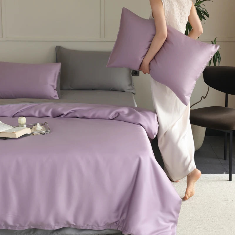 Parure de lit en soie de mûrier taille queen violet et gris