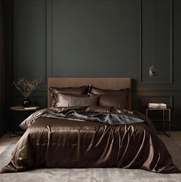 Housse de couette et drap plat en soie naturelle, coloris blanc marron