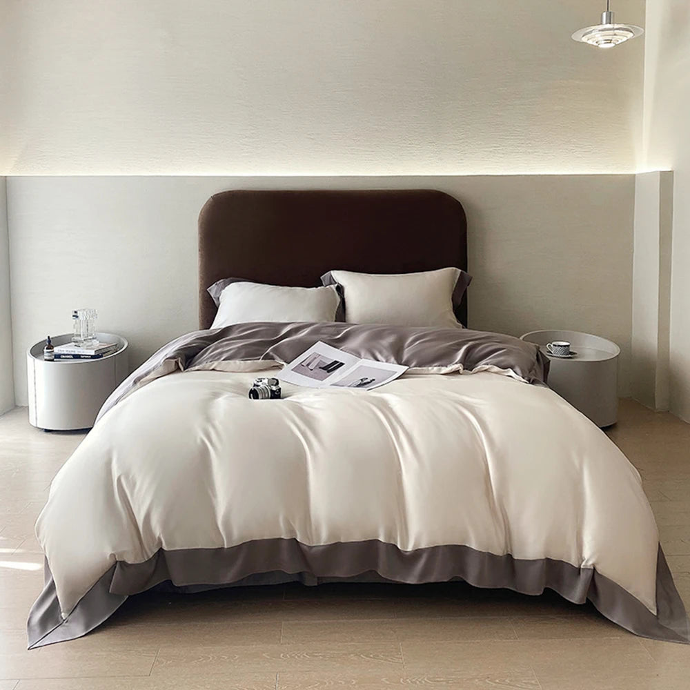 Housse de couette et drap plat en soie bleue pour lit Queen blanc et gris