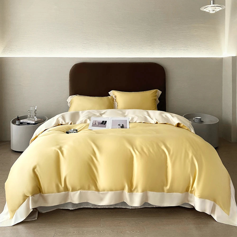 Housse de couette et drap plat en soie bleue pour lit Queen  JAUNE ET BLANC