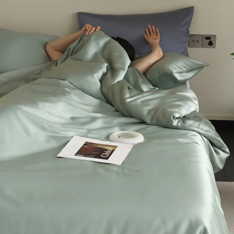 Parure de lit en soie taille queen pour une literie élégante et raffinée VERT