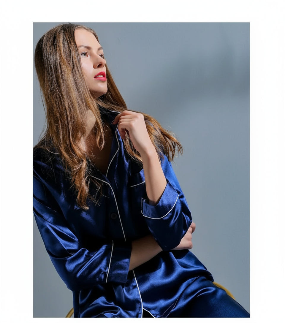 Détail tissu soie Mulberry naturelle pyjama femme bleu