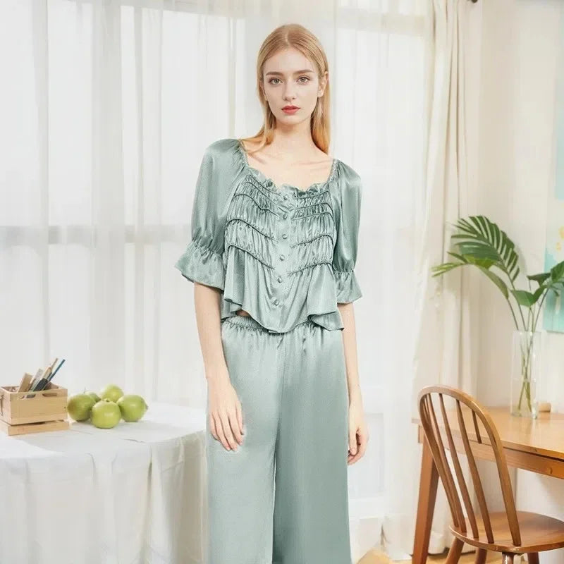 Pyjama femme en soie Mulberry 2 pièces manches longues bleu