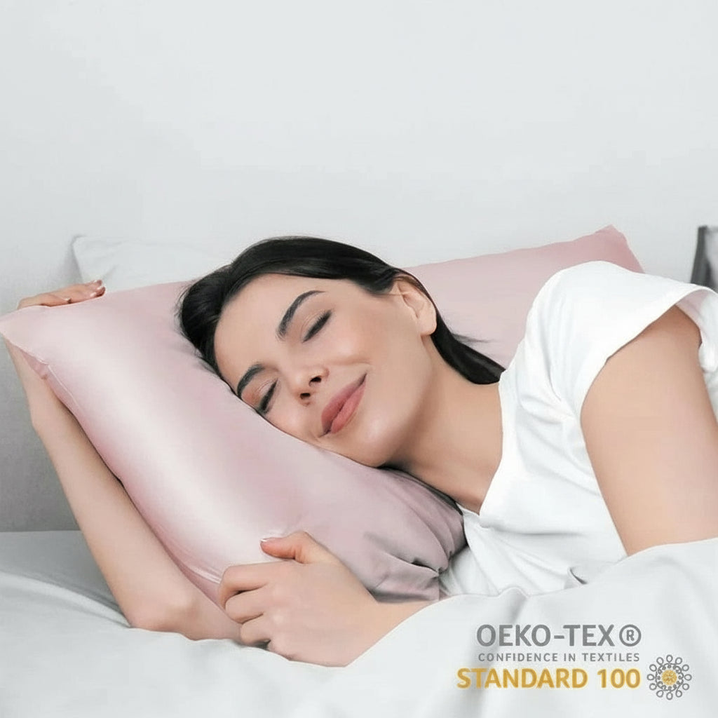 Oreiller avec taie en soie de mûrier sur lit, confort et protection cheveux et peau
